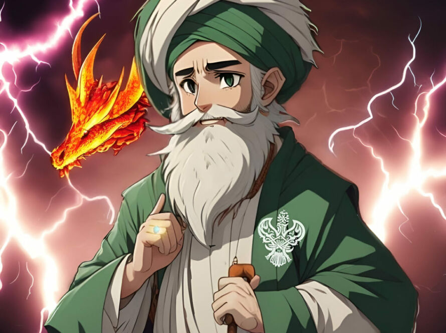 Sunnah wearing person with dragon and lightening.