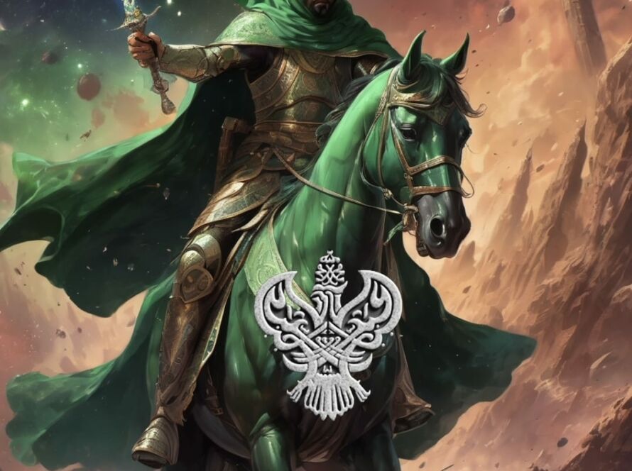 A man on a green horse with a sword.