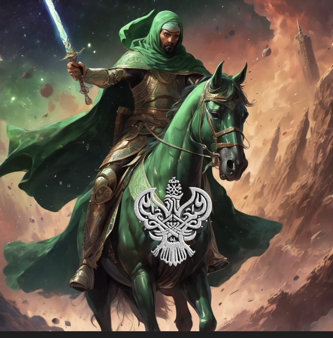 A man on a green horse with a sword.