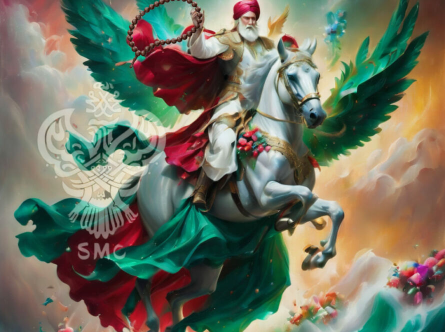 A Sufi man riding a flying white horse green wings