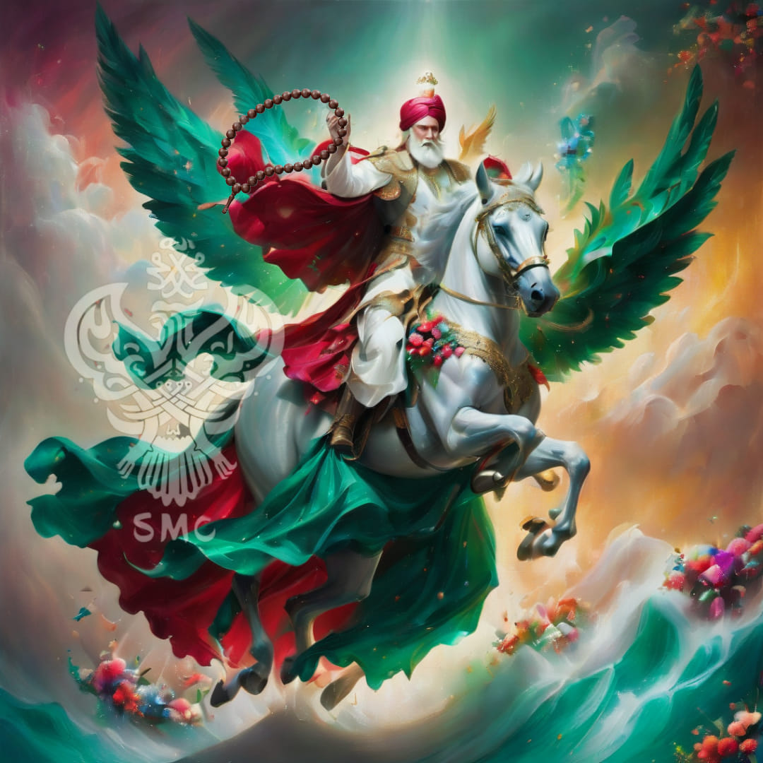 A Sufi man riding a flying white horse green wings