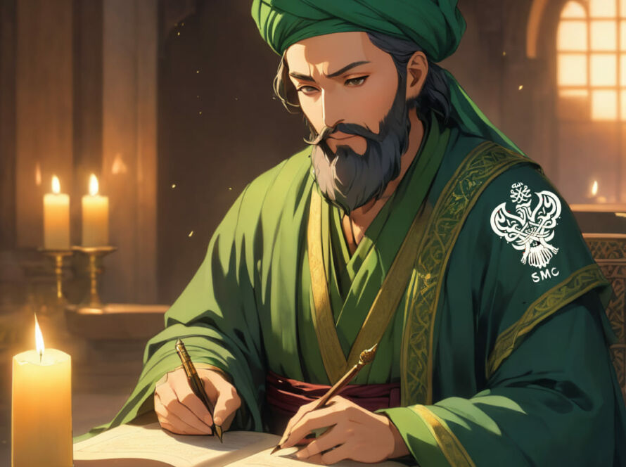 A Sufi man writing in a book with both hands