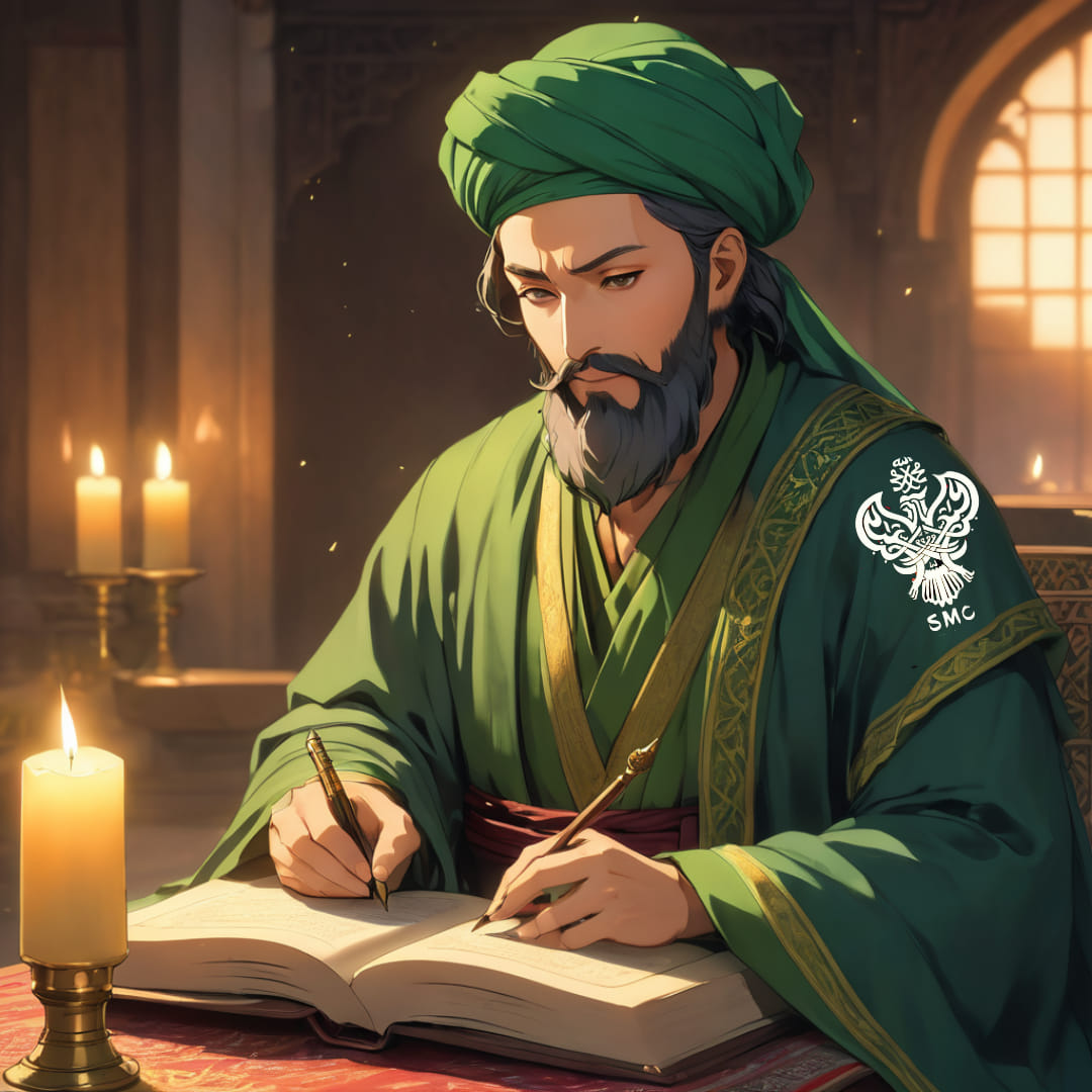 A Sufi man writing in a book with both hands