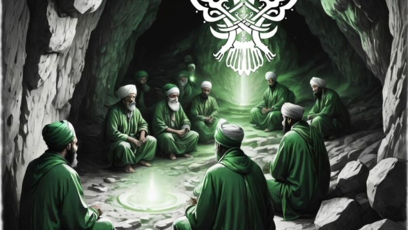 A group of Sufi men in a cave with green light