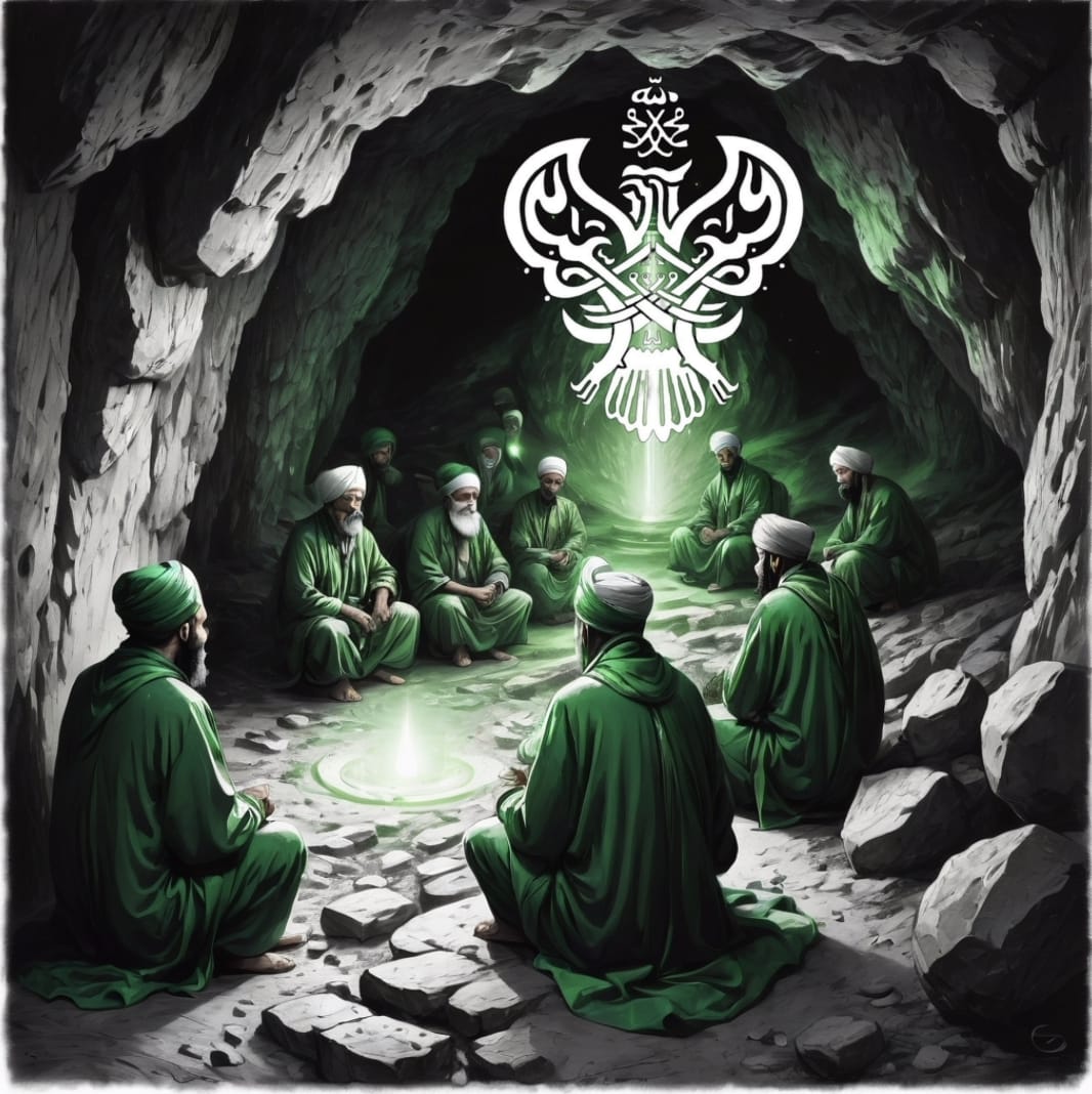 A group of Sufi men in a cave with green light