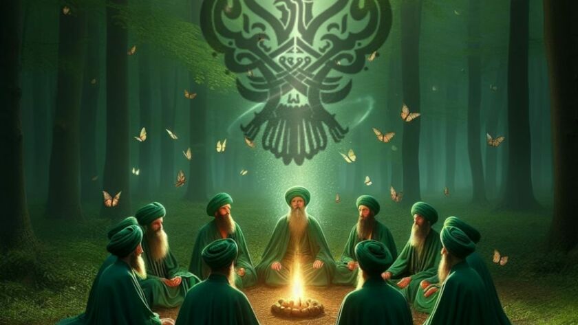 A group of sufi men sitting around a fire in a forest