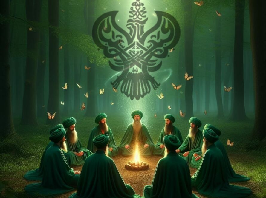 A group of sufi men sitting around a fire in a forest