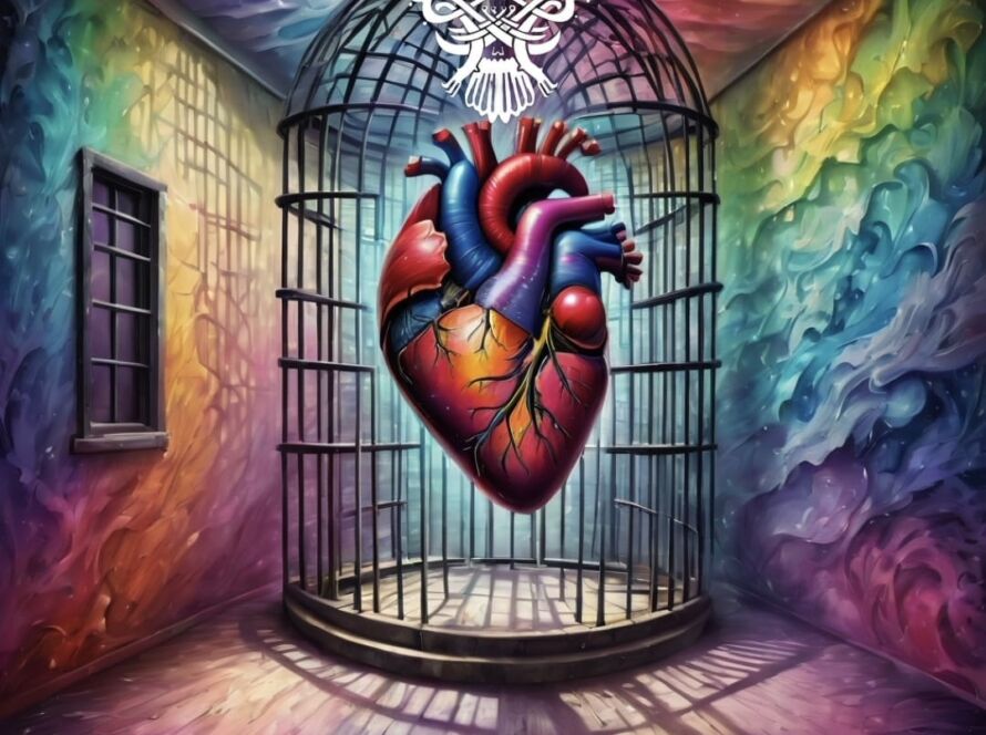 A heart in a cage with walls of different colors