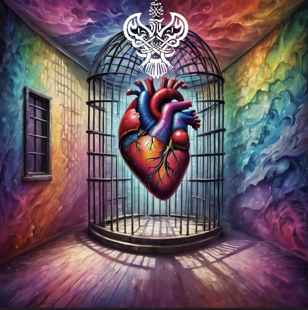 A heart in a cage with walls of different colors