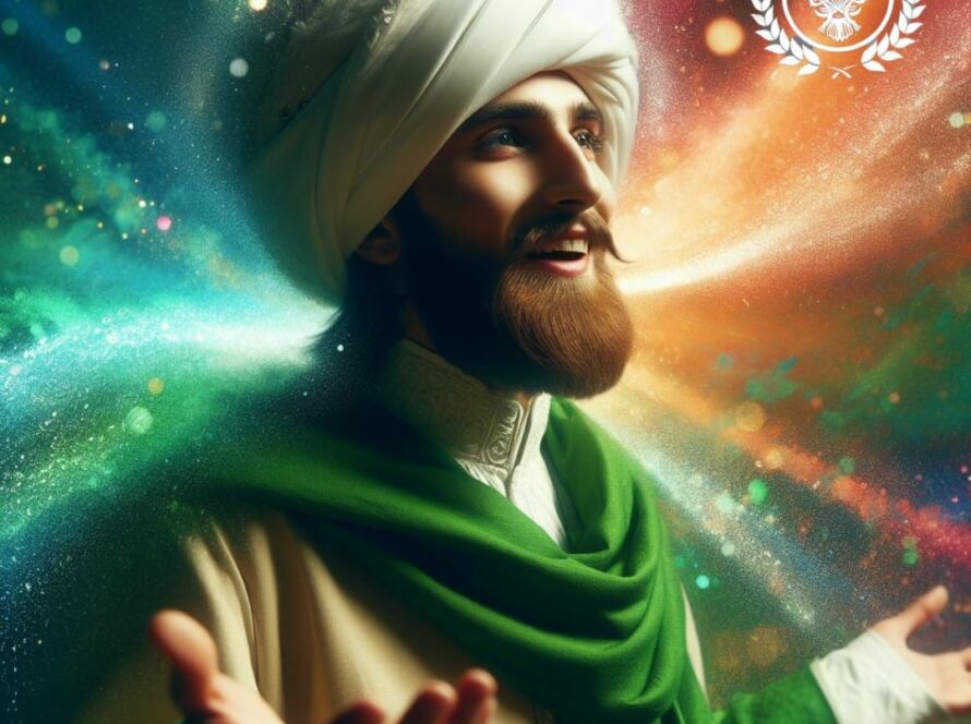 A smiling sufi with white turban with colorful space background