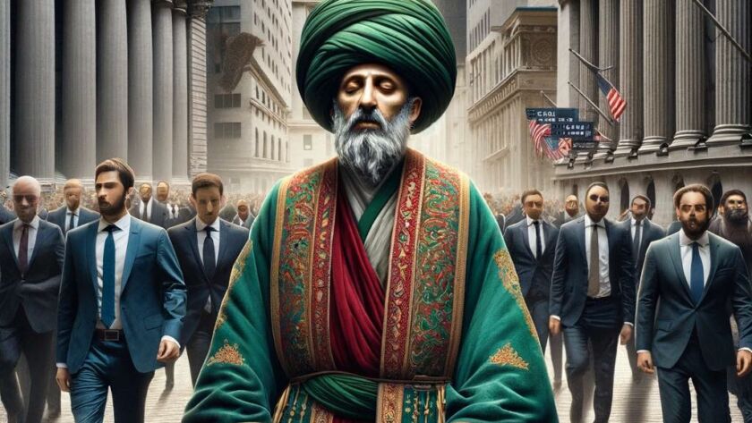 A sufi attired man with men in suits behind him on a busy street