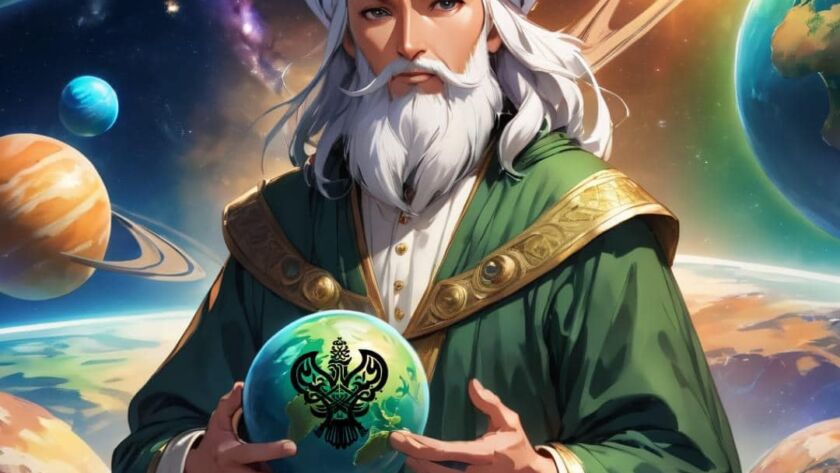 A sufi man holding a planet in space in his hands