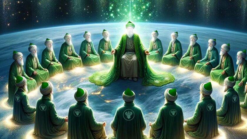 A sufi in green light with a circle of students with small planets above them