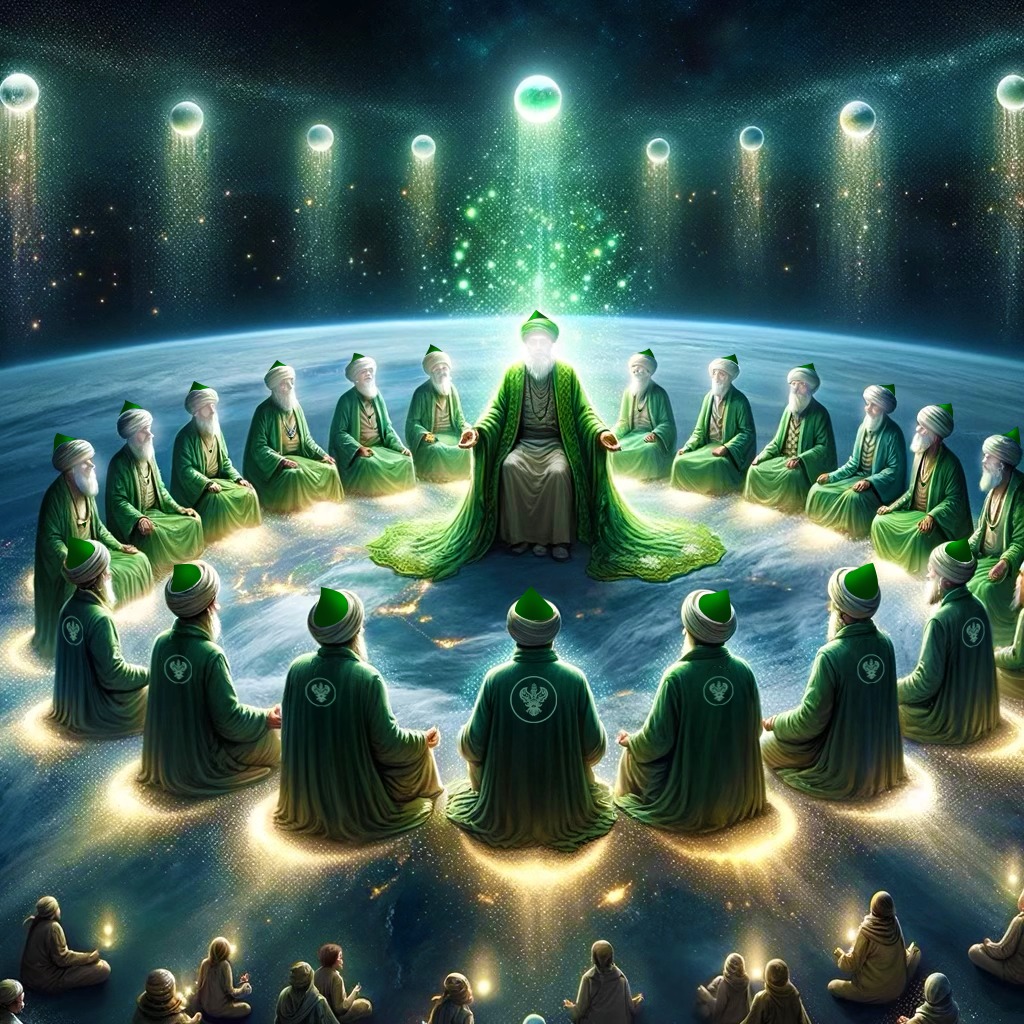 A sufi in green light with a circle of students with small planets above them