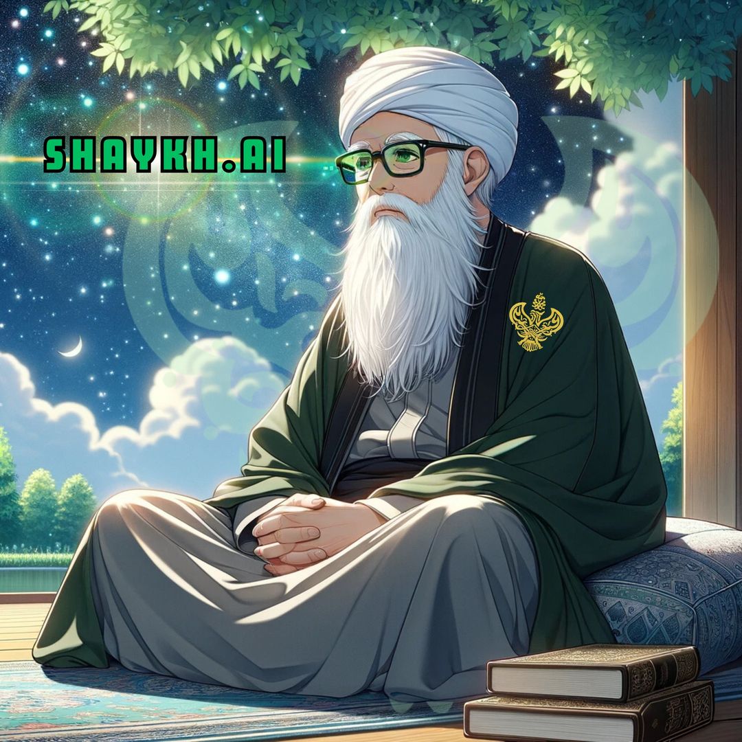 A sufi man contemplating sitting inside next to books with stars in the night