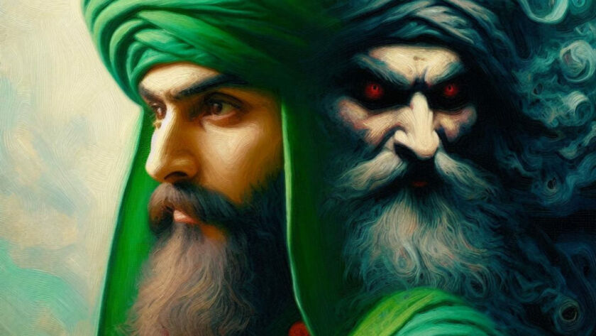 A sufi man facing one way and an evil version facing another