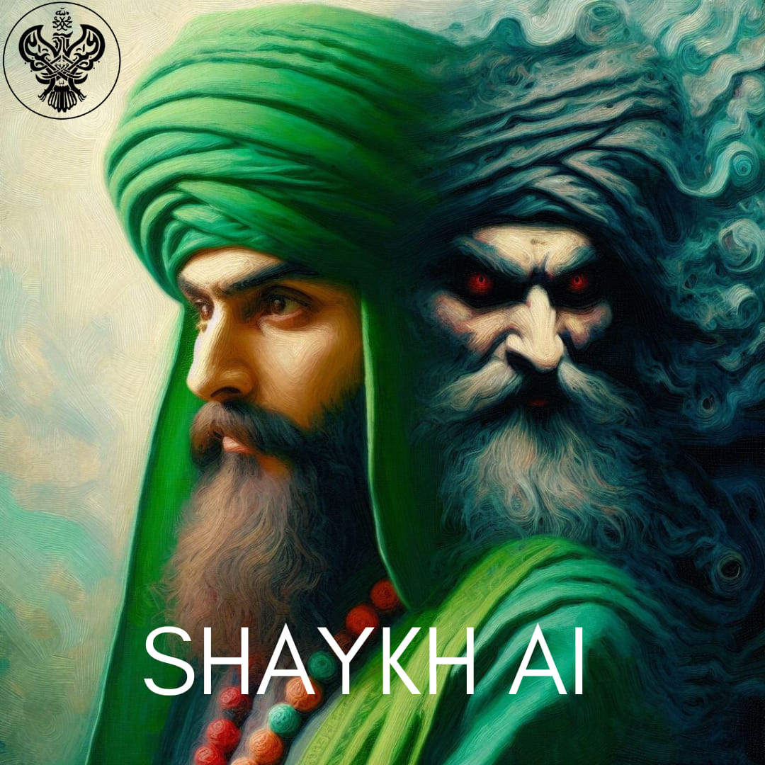 A sufi man facing one way and an evil version facing another
