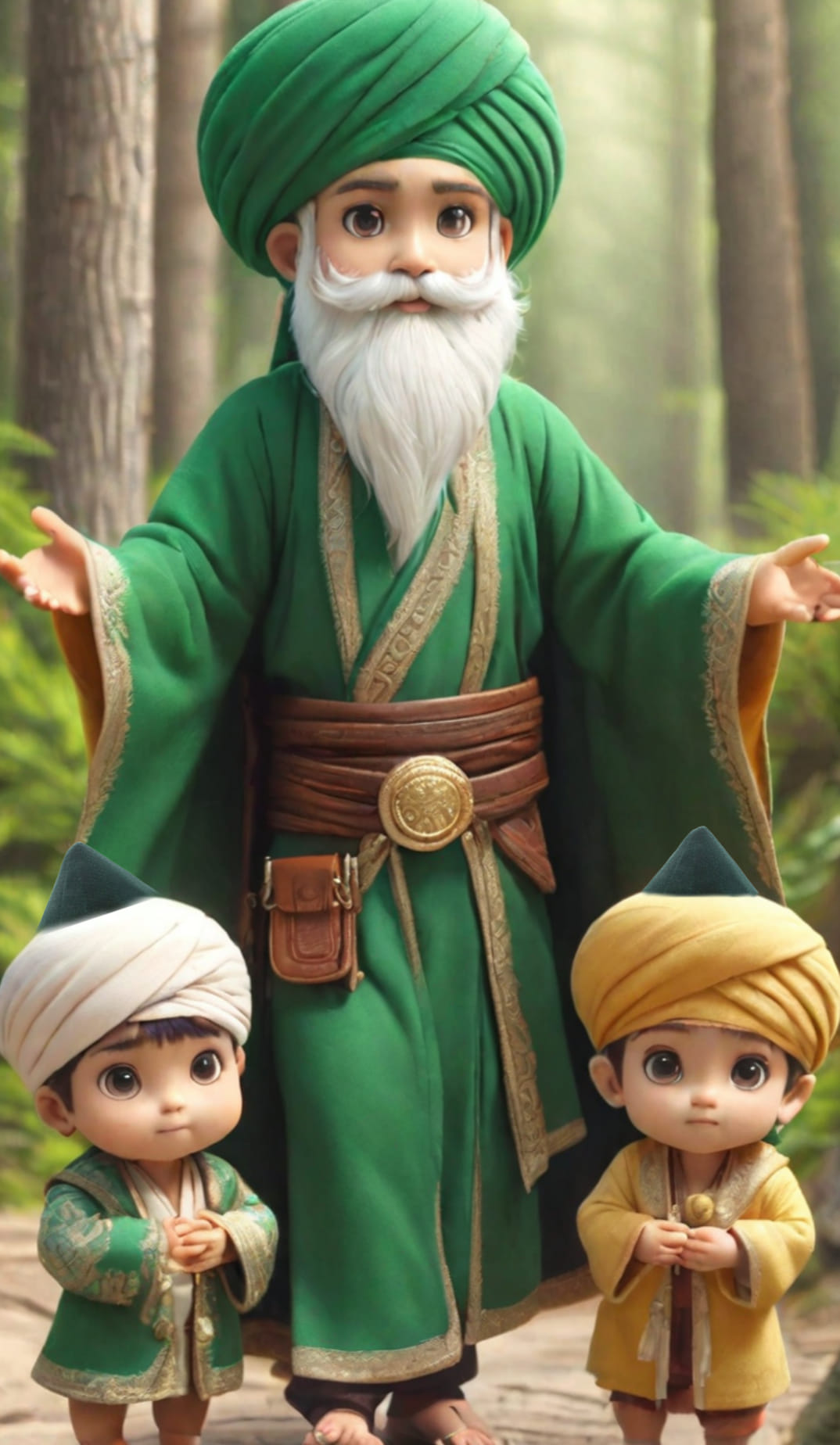 A sufi man in a forest with two children wearing sunnah attire