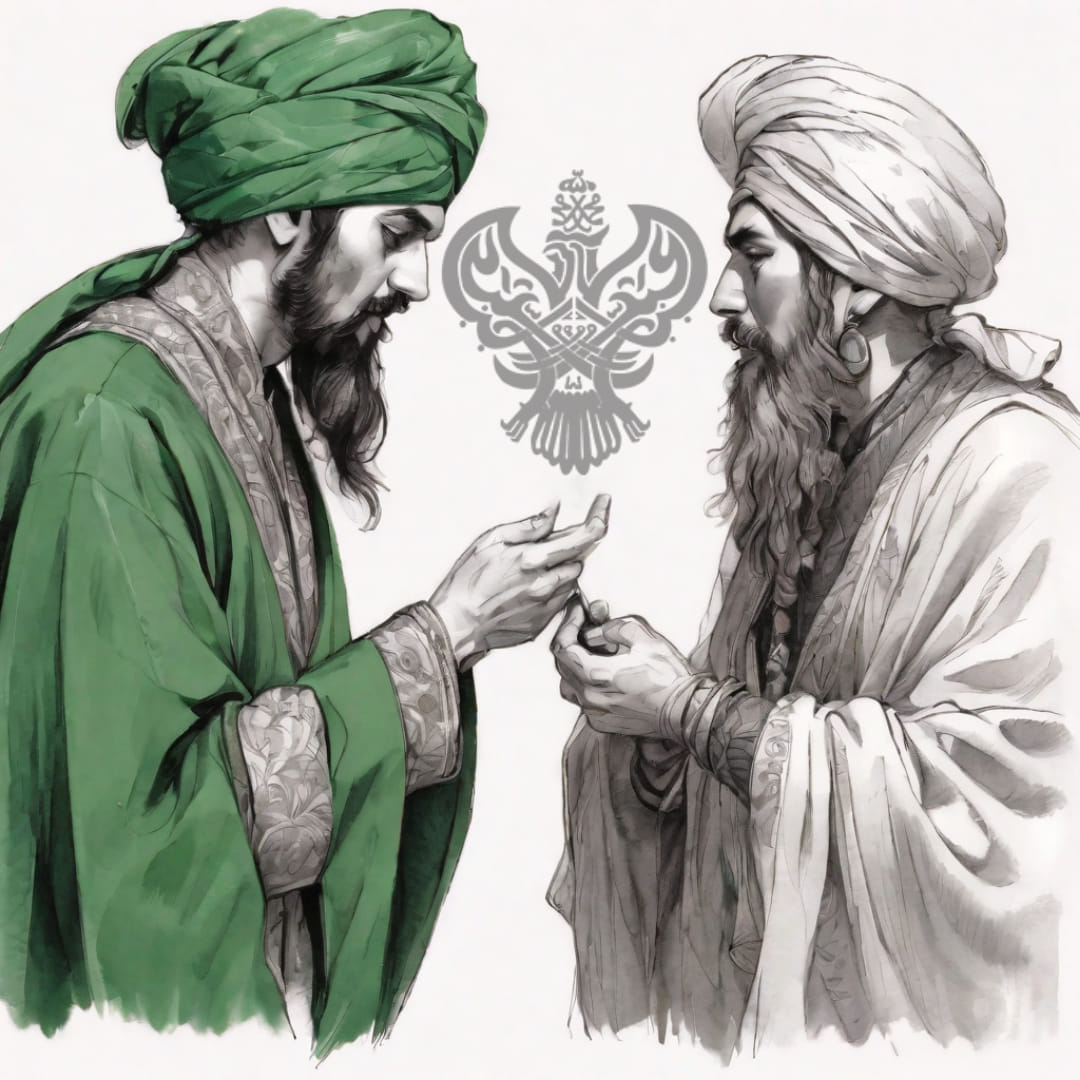 A sufi man in green and one in white gray