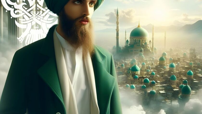 A sufi man in green and white standing in front of a city