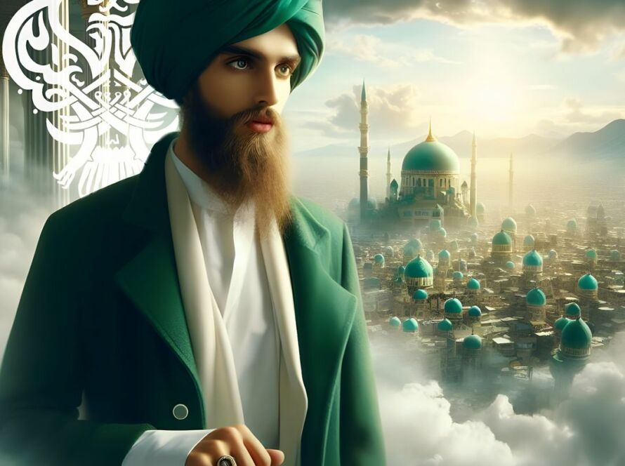 A sufi man in green and white standing in front of a city