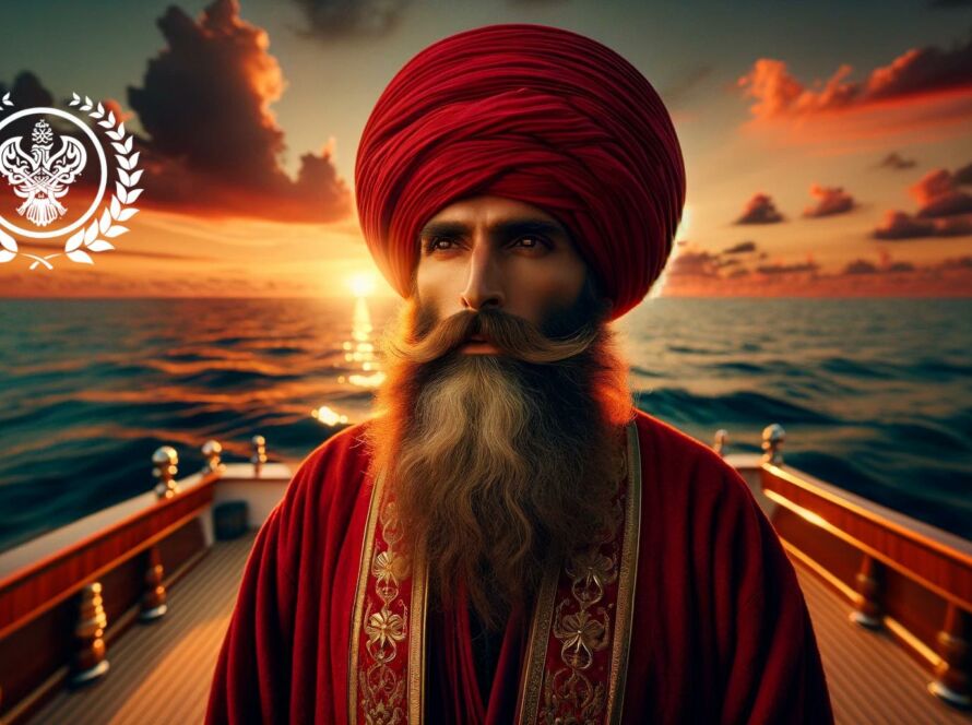 A sufi man in red on a vessel on water