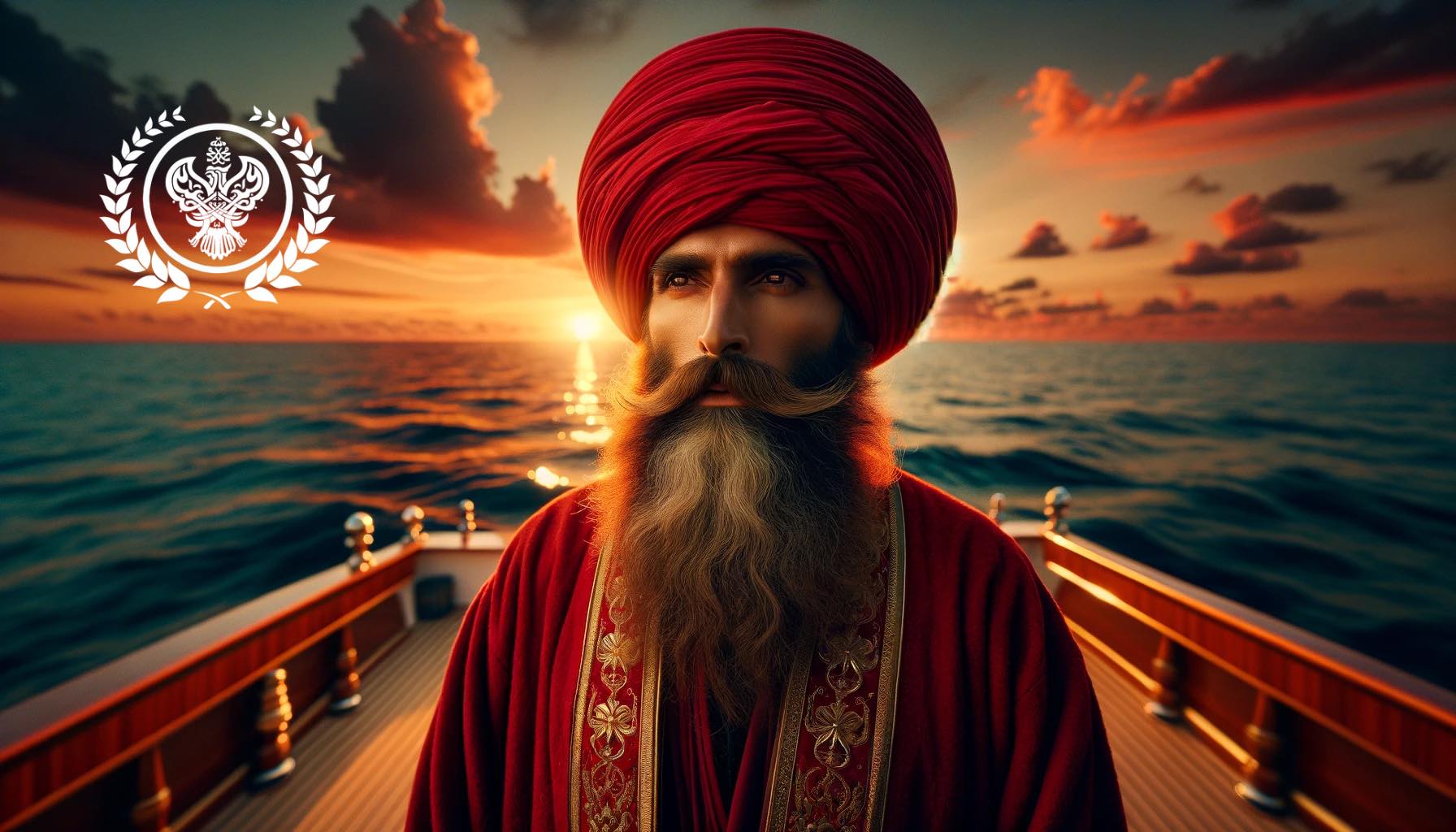 A sufi man in red on a vessel on water