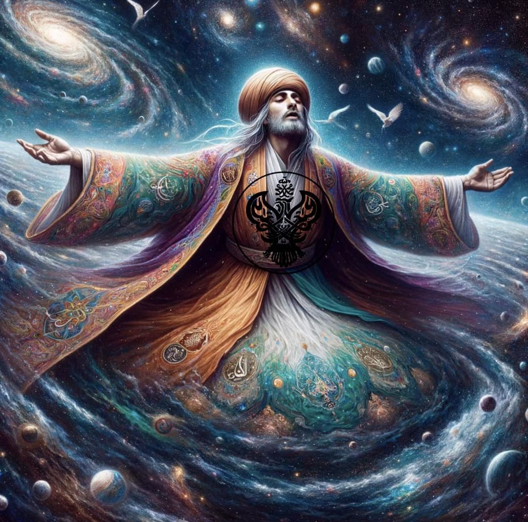 A sufi man in space whirling in the presence of multiple galaxies