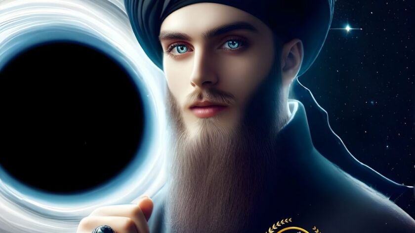 A sufi man in space wearing black before a black hole