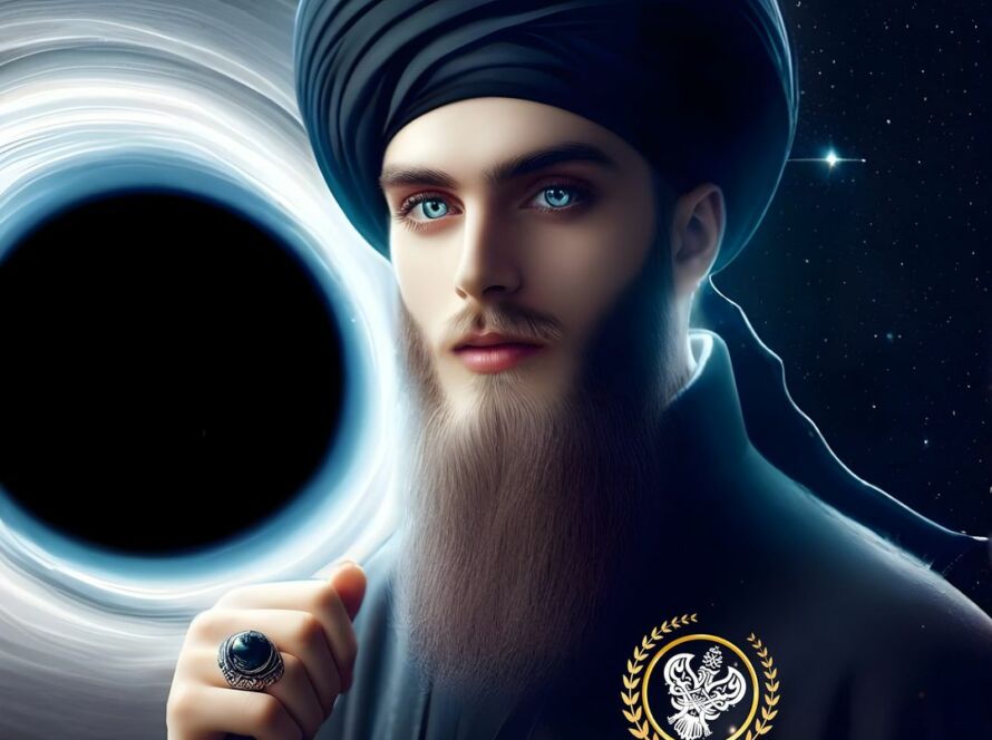 A sufi man in space wearing black before a black hole