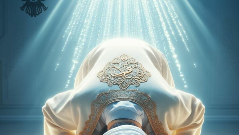 A sufi man in white with light shining from above in sujood