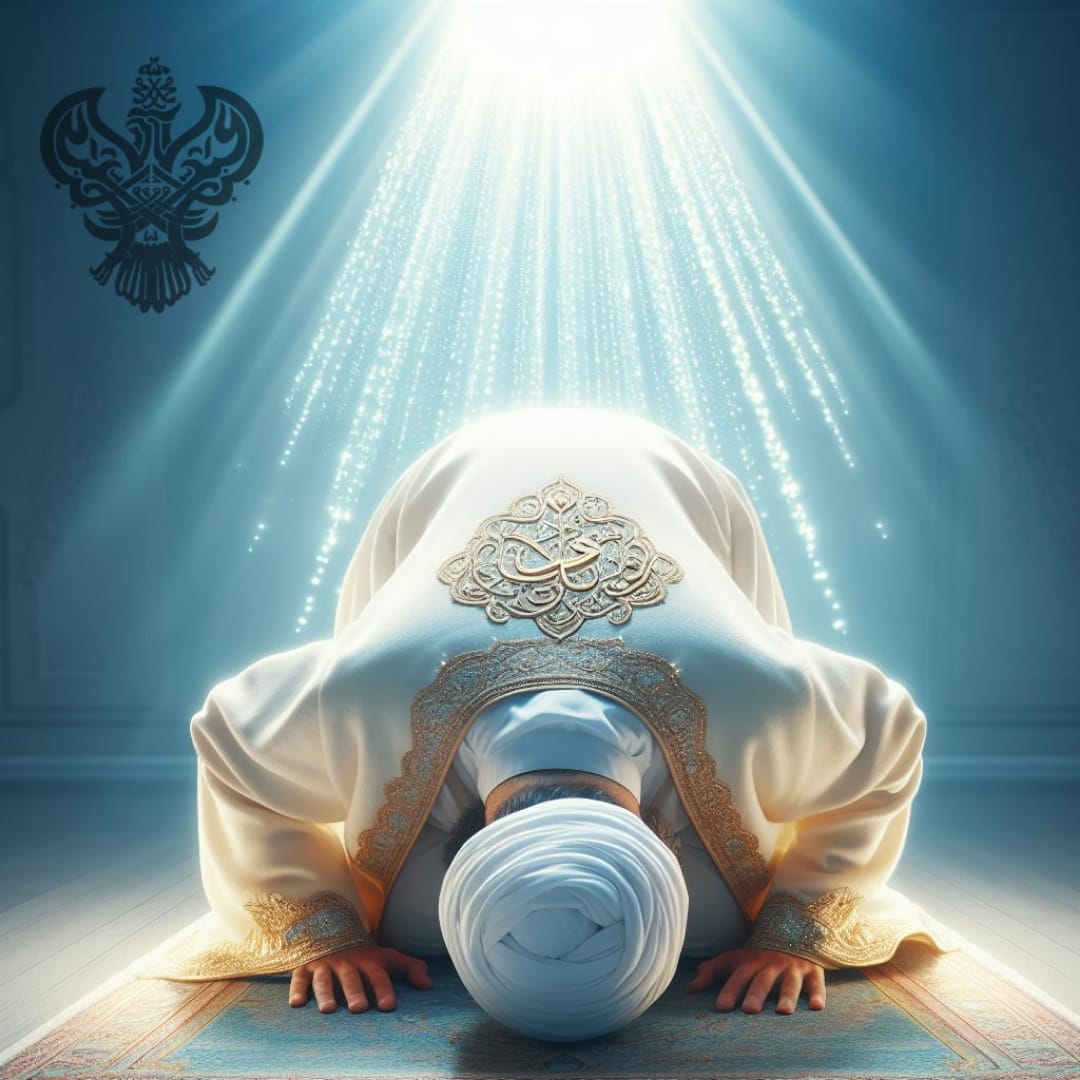 A sufi man in white with light shining from above in sujood