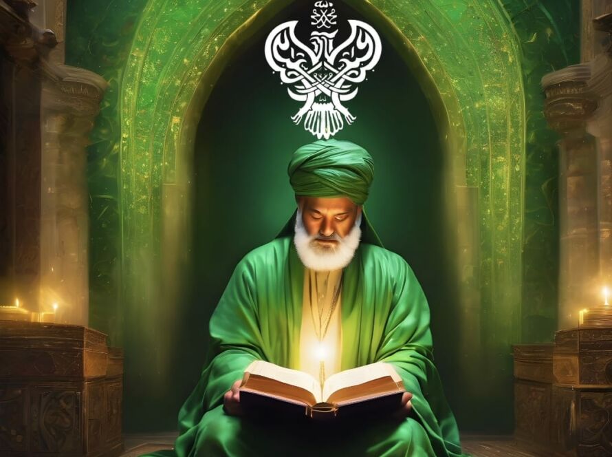A sufi man reading the quran with shining light