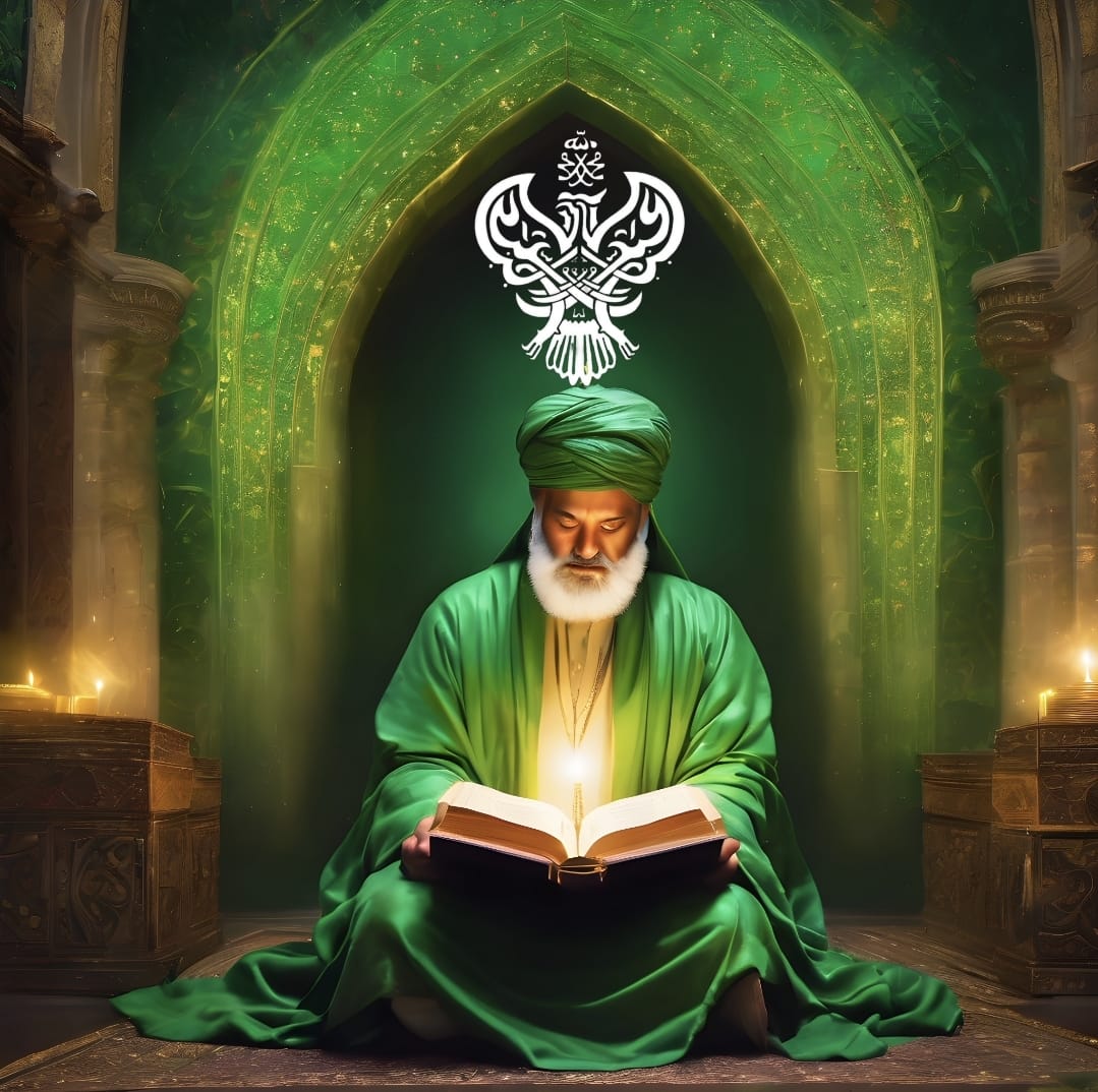 A sufi man reading the quran with shining light