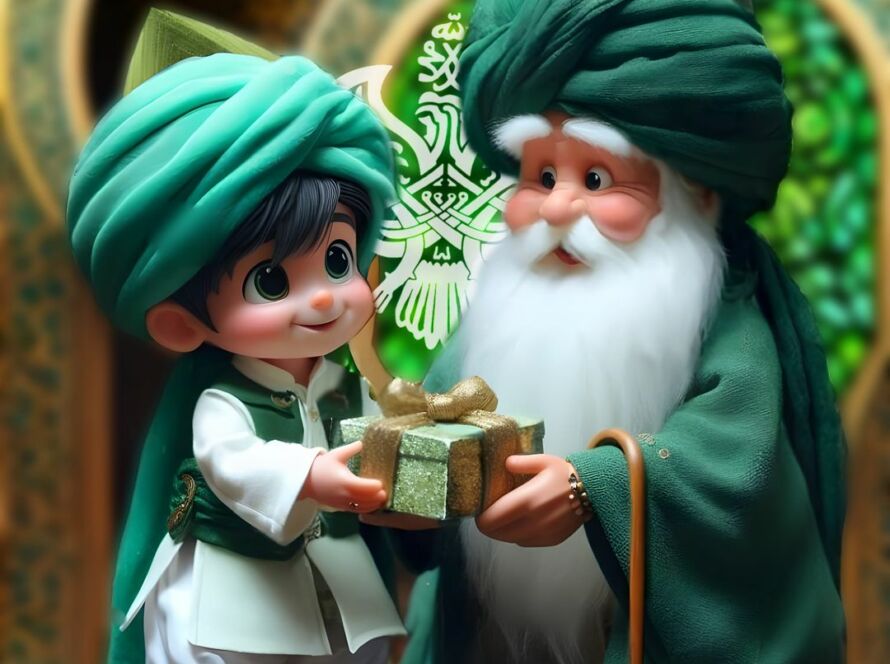 A sufi man receiving a gift from a child