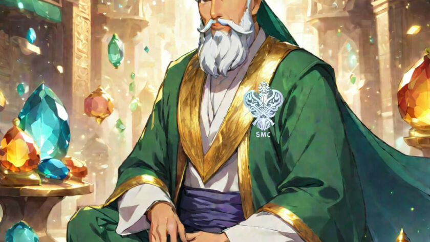 A sufi man sitting among gemstones
