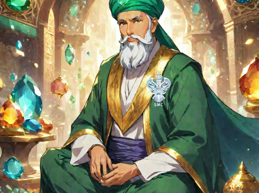 A sufi man sitting among gemstones