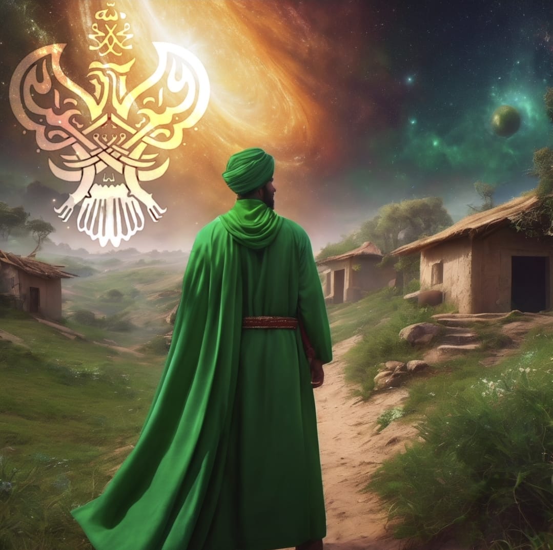 A sufi man walking through a village with the universe in the sky