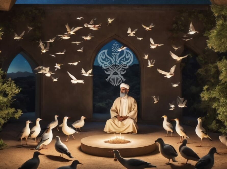 A sufi man wearing white sitting with a flock of white birds