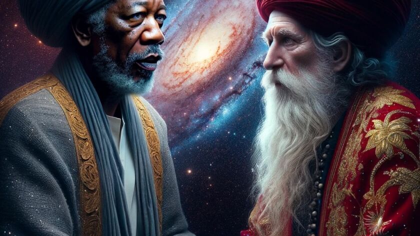 A sufi man with red turban with morgan freeman sitting in space