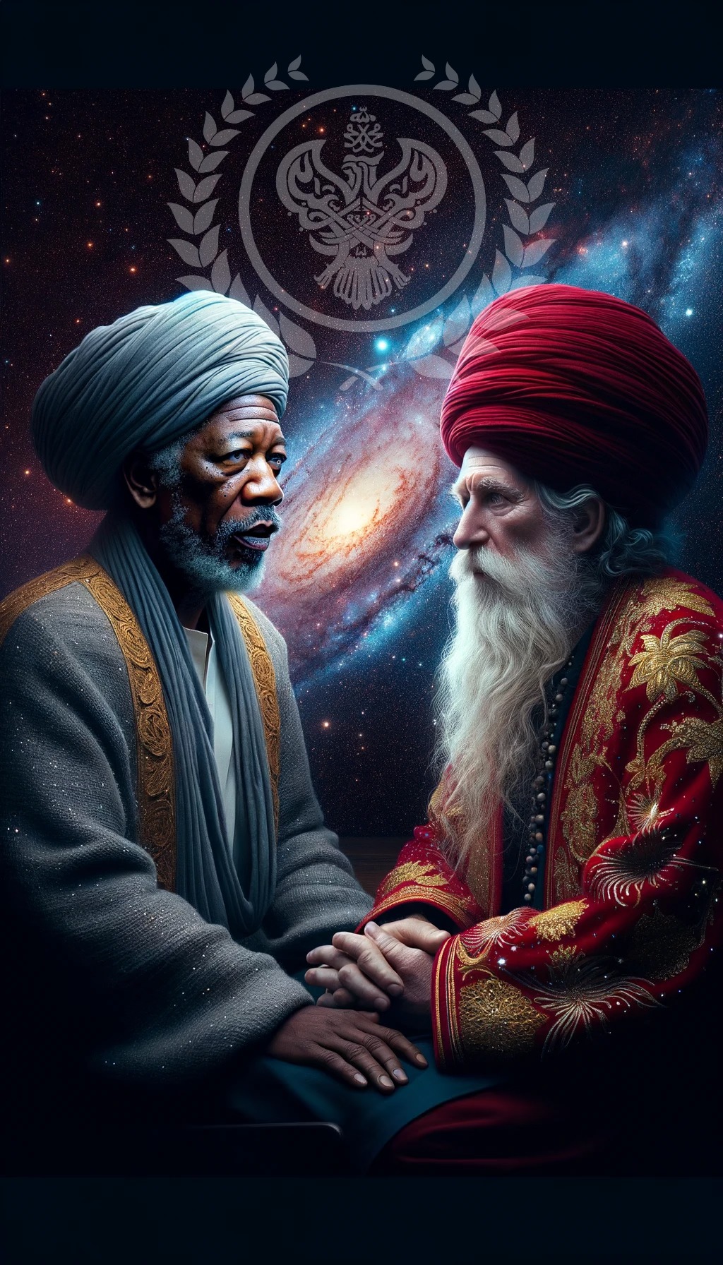 A sufi man with red turban with morgan freeman sitting in space