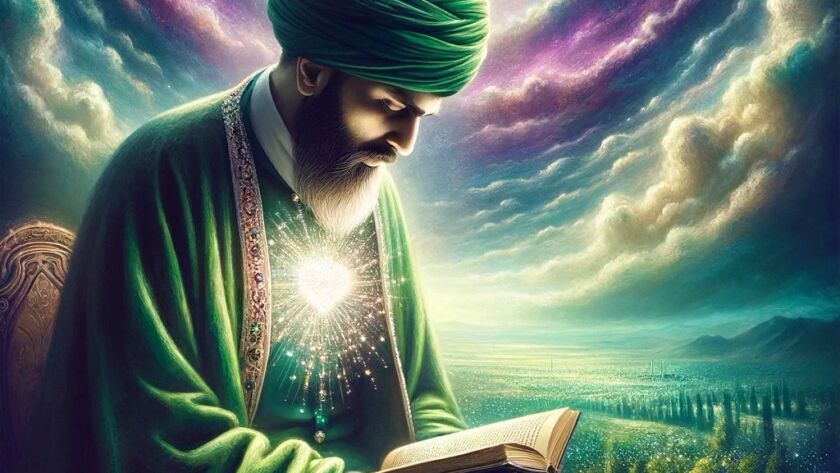 A sufi reading a book with a light in his heart and a pink light in the clouds