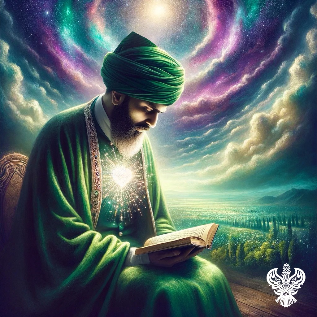 A sufi reading a book with a light in his heart and a pink light in the clouds