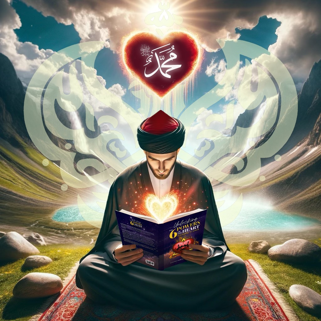 A sufi reading the new book 6 powers of the heart with hearts above and next to him