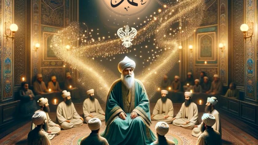 A sufi sitting in the middle of a circle of students with gold light coming from him