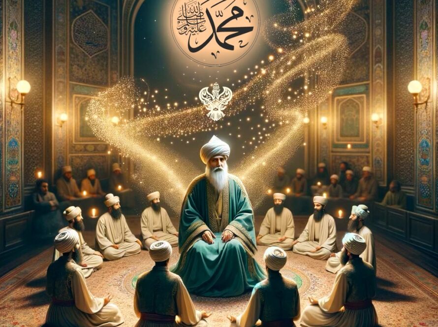 A sufi sitting in the middle of a circle of students with gold light coming from him