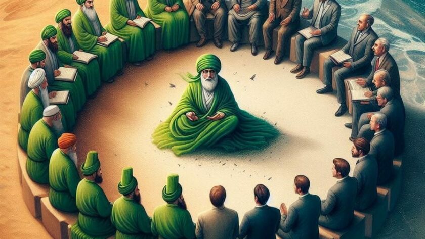 A sufi sitting in the middle of a group of people on top of the earth