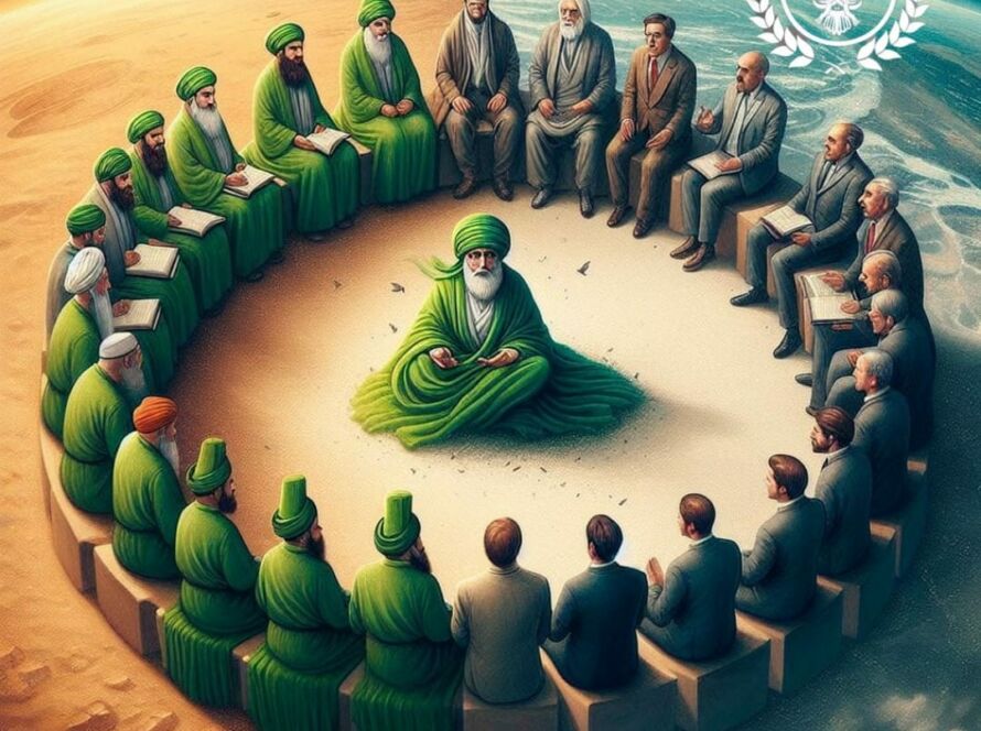 A sufi sitting in the middle of a group of people on top of the earth