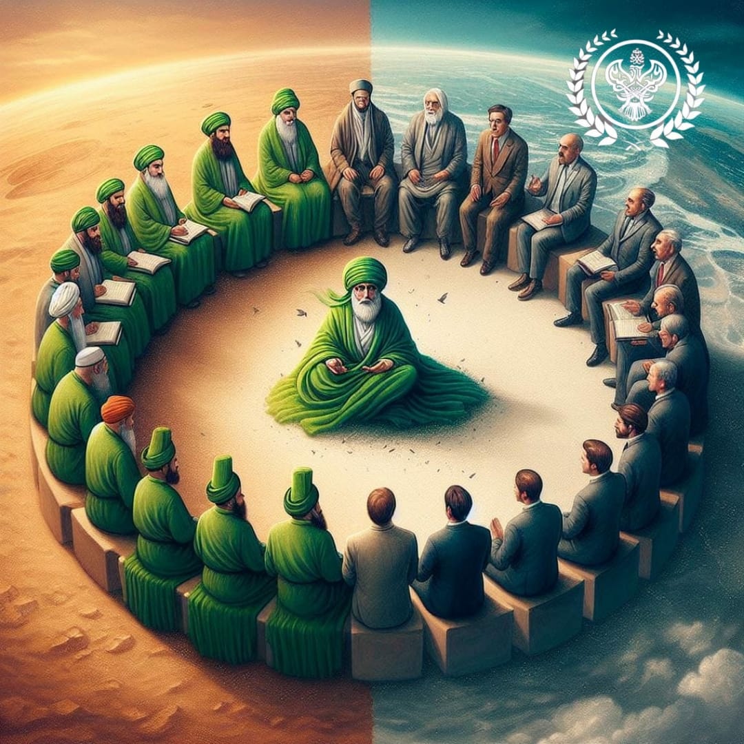 A sufi sitting in the middle of a group of people on top of the earth