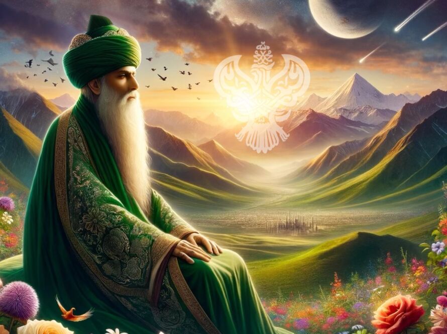 A sufi sitting on grass with surrounding him are flowers and hills